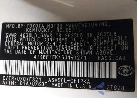 2016 Toyota Camry Se from USA, damaged, VIN 4T1BF1FK4GU141271